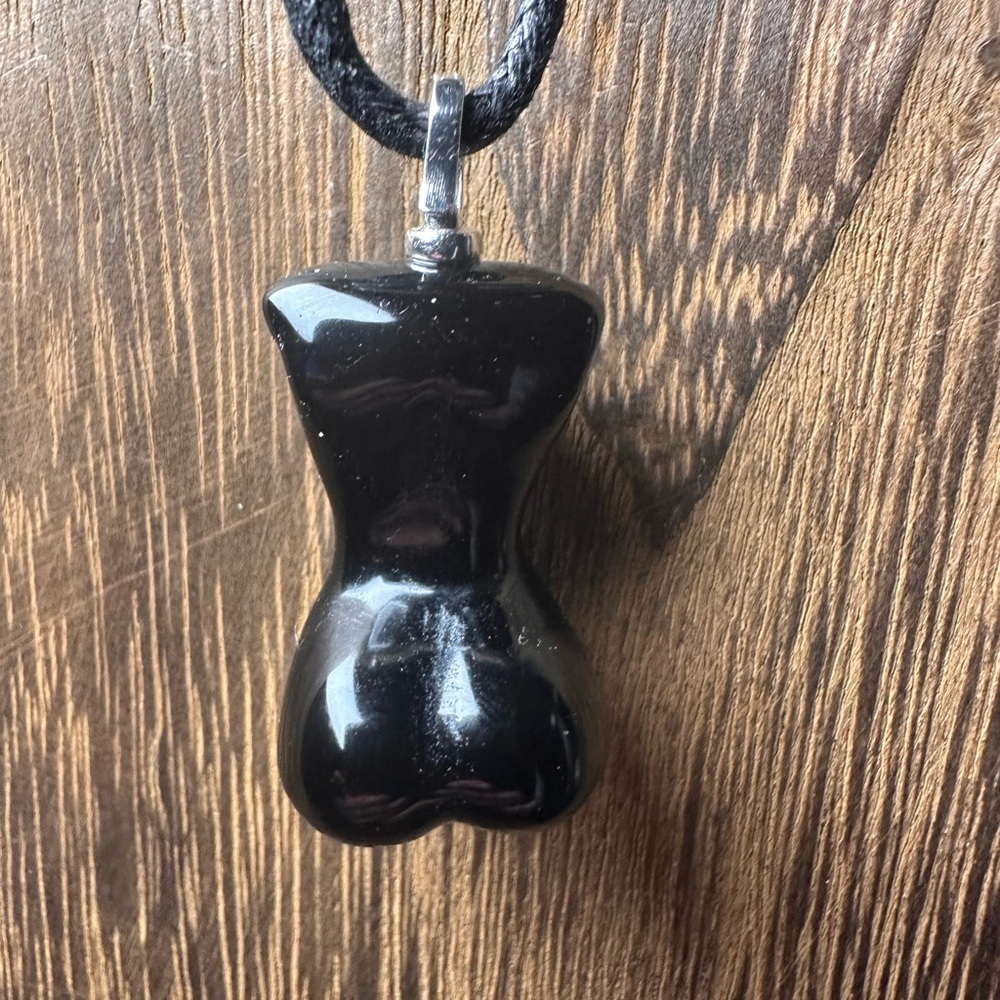 Black Obsidian Lady Body Pendant Necklace on Black Rope, Sterling Silver Bail - Picture 10 of 14
